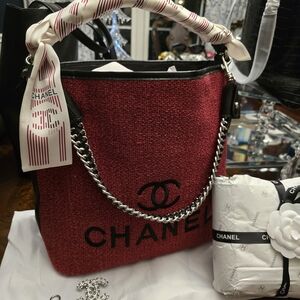 Chanel Burgundy Tweed Chain Shoulder Bag, Twilly & Scarf!